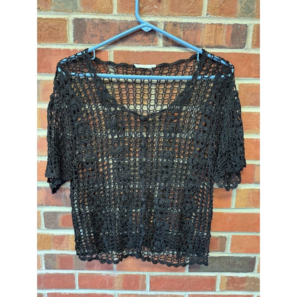 Vintage Black Crochet Open Knit Button Front Cardigan Top